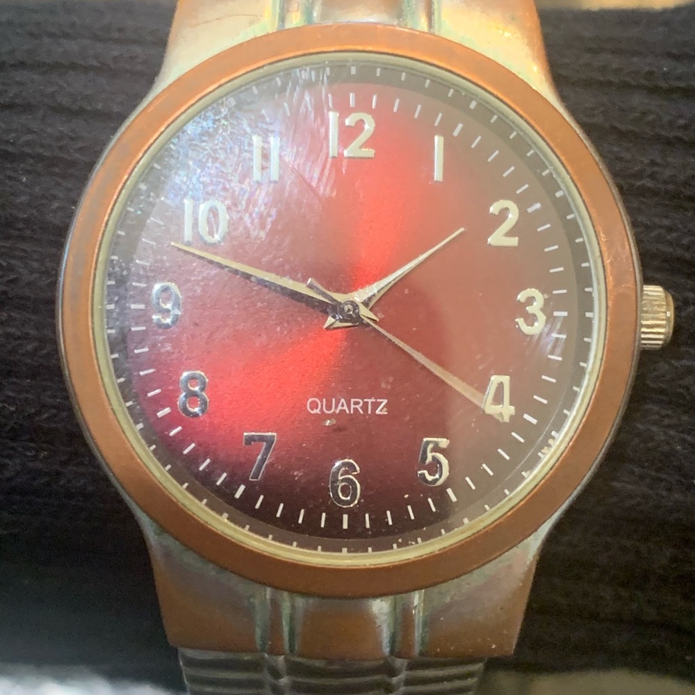 Men’s Quartz Watch, Ruby Red Face, Silver Tone Elastic Band, Silver/Bronze Case